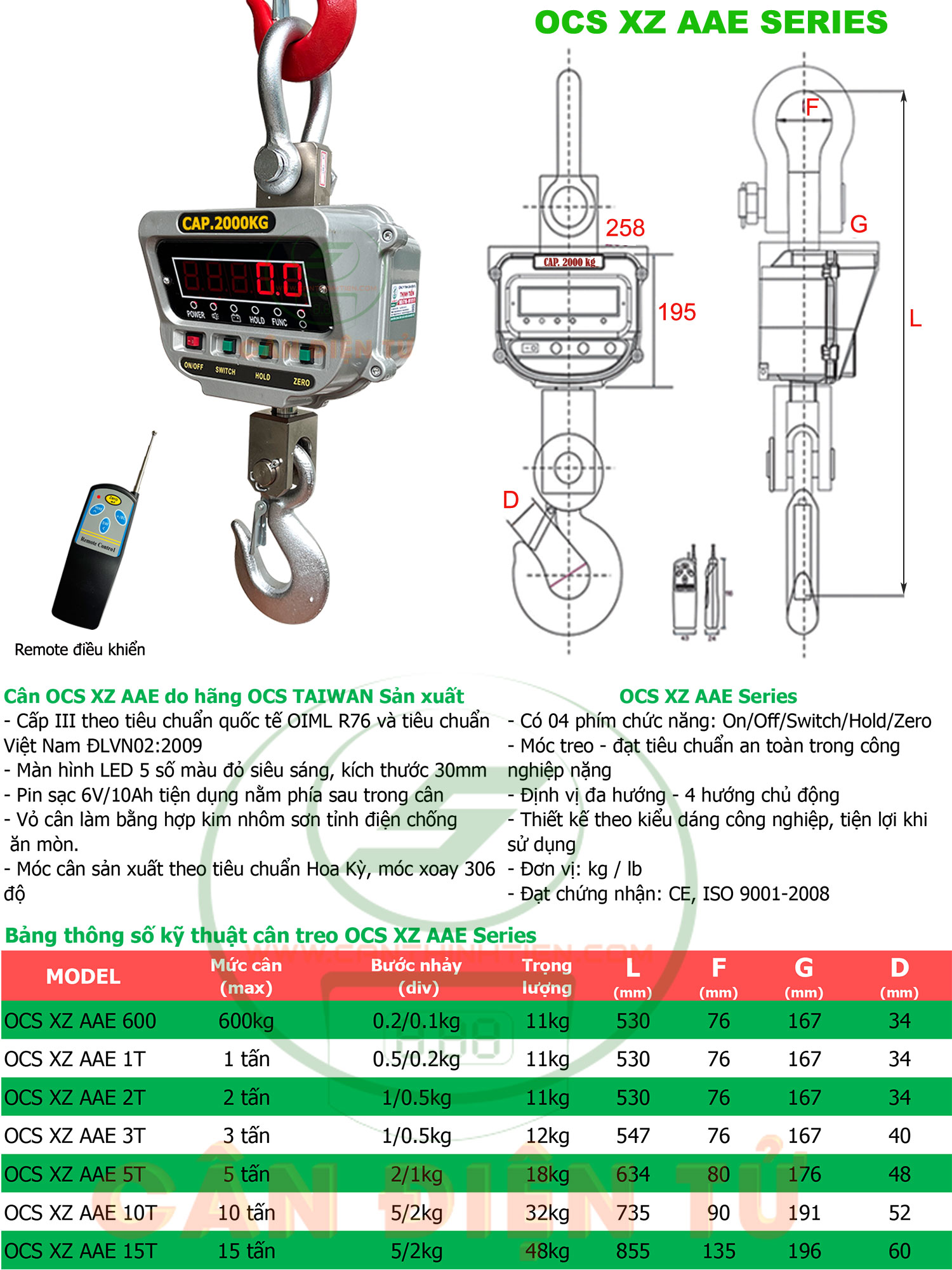 Bảng thông số cân treo OCS XZ AAE 2 tấn
